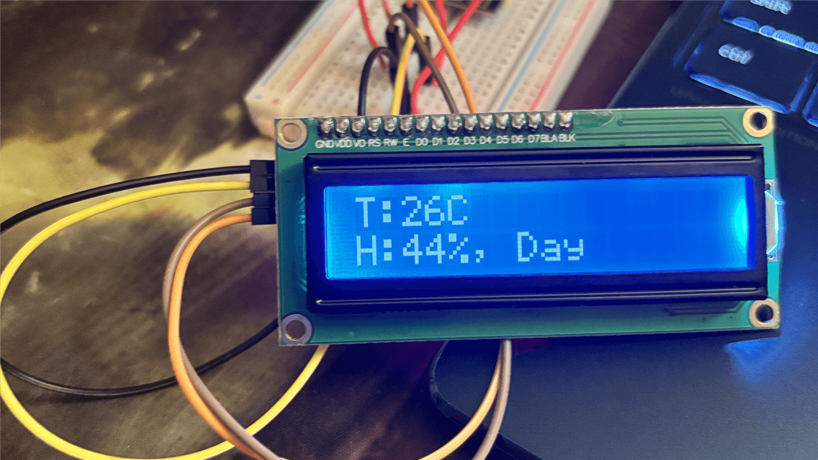 16x2 LCD display node showing live temperature and humidity readings from the sensor node